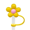 Silicone flower straw topper with yellow petals and pink heart on clear straw - 1750-18 Yellow Petal Pink Center Flower