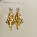 Bohemian gold sequin earrings with white pearl accents on minimalist white display card - Sequin Hoop with Pearl