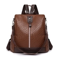 Brown woven texture PU leather convertible backpack and shoulder bag with woven strap - Woven Brown