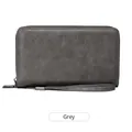 Portafoglio lungo vintage in pelle cerata grigia per donna con protezione RFID e cinturino - Grigio