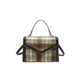 Vintage-Henkeltasche mit grünem Karomuster, schwarzem Lederbesatz und goldenen Beschlägen - Grün