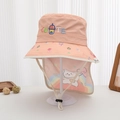Detail of pink kids sun hat with neck flap featuring cute embroidery and rabbit patterns - 52cm (2-5 Years) / Orange