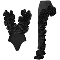 Detail view of black V-neck tiered ruffle swimsuit set with matching long pleated sleeves - Black Zirconia Set