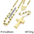 Golden rosary necklace with cross pendant and Mary medal in polished stainless steel - Tiered Cross Style (KN117706-Z)