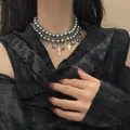 Collana girocollo punk gotica multistrato di perle grigie con croci e campanellini - Stile Nappa a Croce Perla Artificiale Grigia