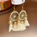 Bohemian sun pattern gold earrings with white enamel and long cream tassels - White (13# Ear Hook-Gold)