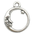 Silver crescent moon face and star pendant in round frame for DIY jewelry making - Moon Star Face 16x19mm / Antique Silver