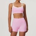 Pink high-waisted yoga set for women with white straps and slimming sports shorts - M / Bra + Shorts / Sakura Pink