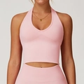 Hellrosa Neckholder Sport-BH und nahtloses Ripp-Yoga-Set mit hoher Taille für Damen - S / Oberteile / Pfirsichrosa