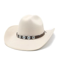 Classic cream western cowboy hat featuring vintage leather band and turquoise accents - Beige