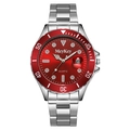 Classic silver stainless steel men's watch with radiant red sunray dial and date window - Red