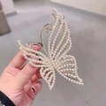 Elegant gold butterfly hair claw clip with white pearls and sparkling rhinestone detail - Gold Butterfly Pearl Hair Clip