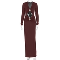 Detailed view of the diamond cutout and teardrop rhinestone decor on the burgundy dress - S / Brown