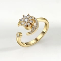 Adjustable golden rotating flower and moon ring set with sparkling zircon crystals - Adjustable Open / Gold Moon Star (AJ066)