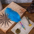 Rainbow feather quill pen in electric blue with decorative engraved metal base - Sky Blue