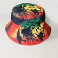 Detail of colorful Rastafari lion print on a wide-brimmed cotton fisherman bucket hat - Lion