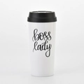 White 16oz double-wall acrylic travel mug with black lid and BOSS LADY text - Style D (Boss Lady/Black Lid)