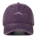 Detailed front view of washed cotton baseball cap with embroidered mountain peak design - One Size(Adjustable) / Purple