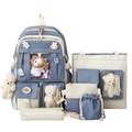 Blue and white nylon 6-piece school backpack set with cute plush charms and embroidery - 2029 Blue