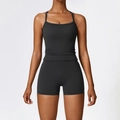 Conjunto de yoga negro para mujer con camiseta de tirantes y pantalones cortos deportivos - Camiseta De Tirantes + Shorts Negro Sofisticado / S