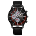 Macro shot of Geneva men's watch featuring black litchi leather strap and red dial accents - Black Red Dial Black Strap