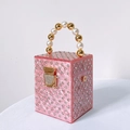 Pink marble acrylic box bag with white rhinestones and pearl beaded handle - Pink