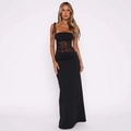 Detail of elegant black lace patchwork and slim fit design on a sexy tube maxi dress - S / Black