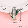 Golden cactus brooch with green enamel, sparkling rhinestones and a white pearl accent - D997 Cactus
