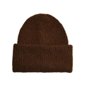 Deep brown knitted beanie hat with fluffy mohair texture and classic folded cuff design - One Size / Coffee