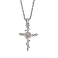 Silver stainless steel necklace featuring a cross pendant with rose flower and leaf design - January / Steel