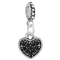 Silver heart charm with pavé black zircons and ball bail for DIY bracelets - Pave Black Stone Dangling Heart