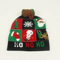 Bonnet de Noël LED avec motif rouge vert, pompon et texte HO HO HO détaillé - Adulte (Élastique) / Grille de Motifs (Sans Revers)