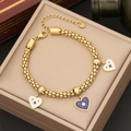 Golden stainless steel bead bracelet with heart enamel charms and floral patterns - Style 3 Three Heart Enamel