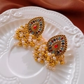 Macro detail of vintage gold fringe earrings with colorful enamel and pearl tassels - Water Drop Tassel Style / Red (Steel Pin)