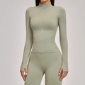Sage green slim fit seamless yoga set with thumbholes and stand collar zip jacket - Moss Grey