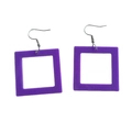 Close-up of geometric square hollow neon purple earrings with silver metal hooks - Purple Square