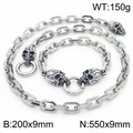 Silver skull jewelry set with rectangular chain links and vintage stainless steel finish - Skull Head Set (KS217060-Z)