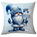 Close-up of blue Christmas pillow case with cute gnome print and I Love Winter text - I Love Winter Gnome