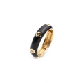 Detail view of gold geometric ring with black enamel inlay and sparkling zircon stones - Black / Adjustable Open