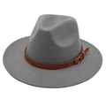 Classic grey felt fedora hat with a dark brown leather band and gold buckle detail - One Size / Light Gray