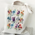 Floral canvas tote bag with colorful daisy and butterfly prints in beige finish - Flower and Butterfly (Cream)