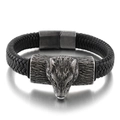Men's black braided leather bracelet featuring a vintage steel wolf head and magnetic clasp - 21cm Matte Black