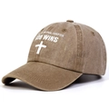 Detail of washed khaki baseball cap with white cross and religious quote print - Khaki