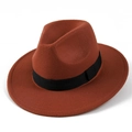 Detail of rust red wool fedora hat featuring a classic black grosgrain ribbon band - M (56-58cm) / Rust red