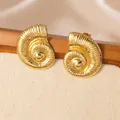 Close-up of golden nautilus shell earrings with intricate spiral texture details - Gold Vintage Conch Spiral Stud Earrings (1 Pair)