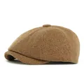 Brown vintage knitted wool blend newsboy cap with classic textured octagonal design - Adjustable / Dark Khaki