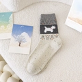 Off-white wool blend mid-tube socks with speckled pattern and white dog embroidery - 25138 Beige Dog
