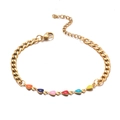 Gold stainless steel bracelet featuring seven colorful enamel heart charms and lobster clasp - Seven Color Hearts