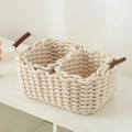 Cesto portaoggetti in corda di cotone intrecciata crema con due scomparti e manici in pelle - Set da 3 pezzi / Bianco