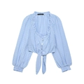 Zoete blauw-wit geruite damesblouse met lange mouwen, V-hals en knoopdetail aan de voorkant - XS / Lichtblauw